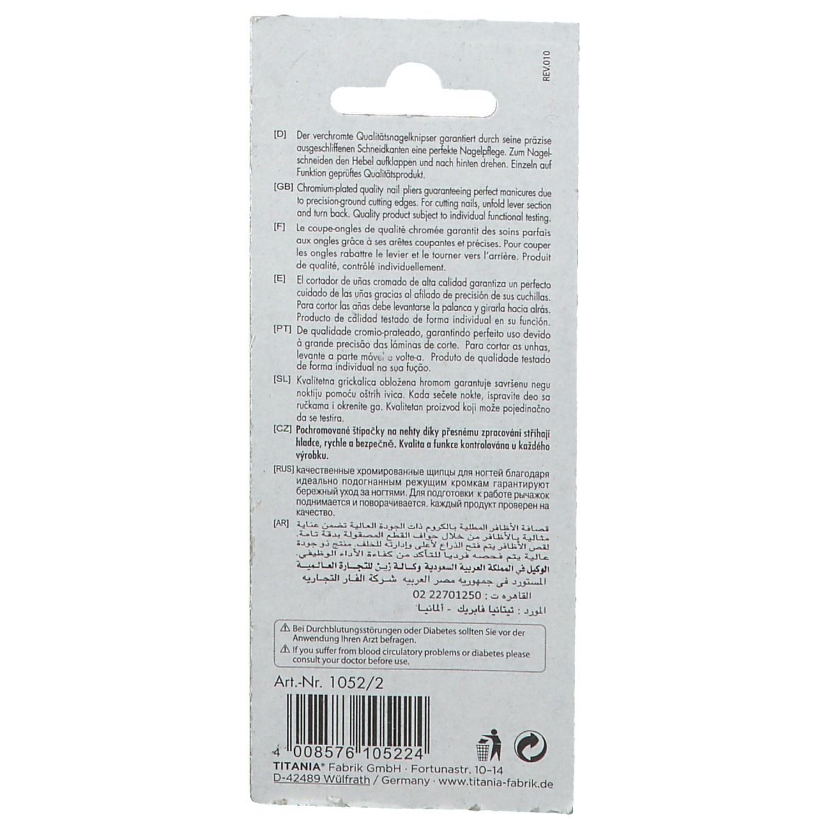 Dos de l'emballage blister avec informations sur le produit et coordonnées du fabricant.