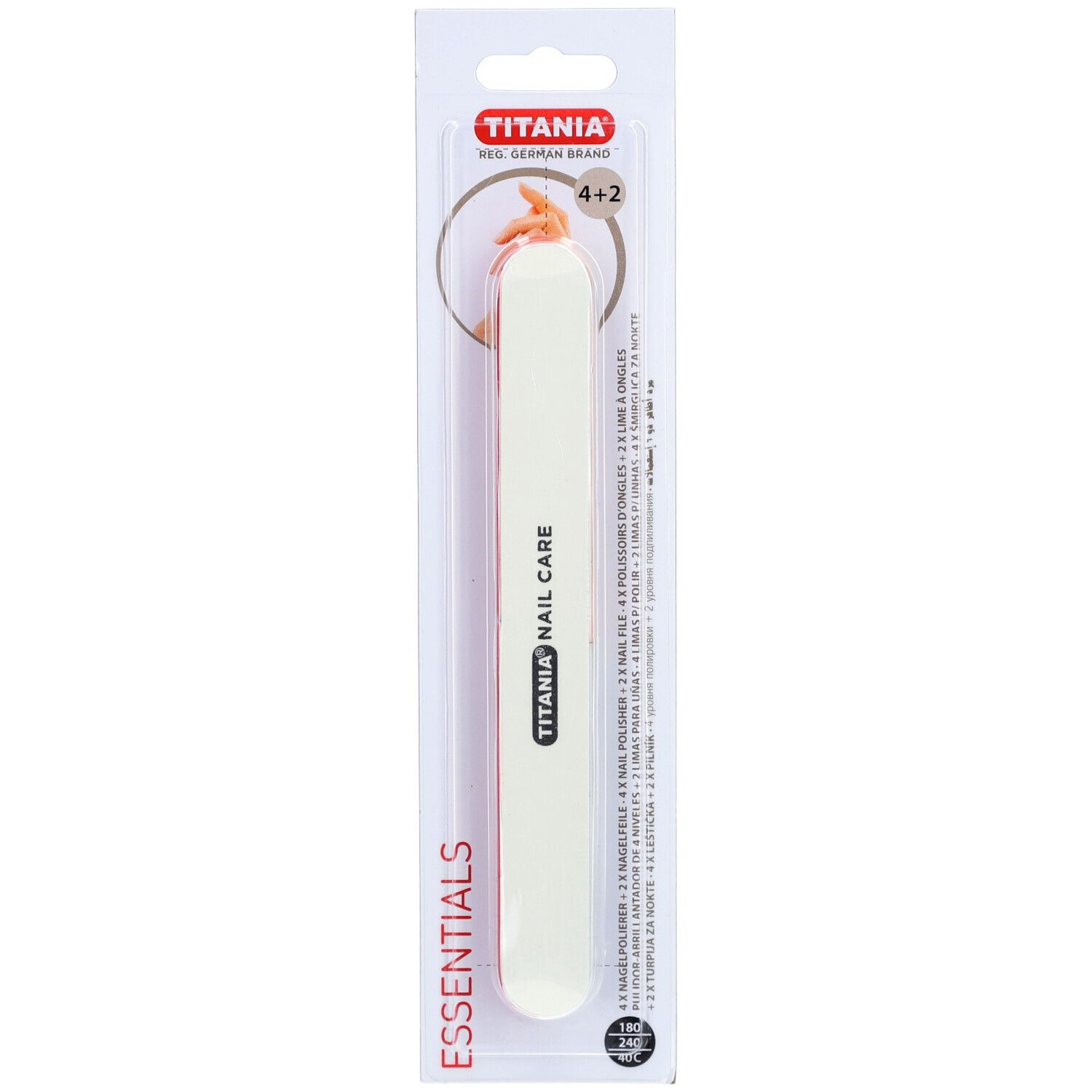 TITANIA® 4-Stufen Nagelpolierer, emballage. Lime blanche et rose avec texte: TITANIA NAIL CARE, ESSENTIALS. 4+2.
