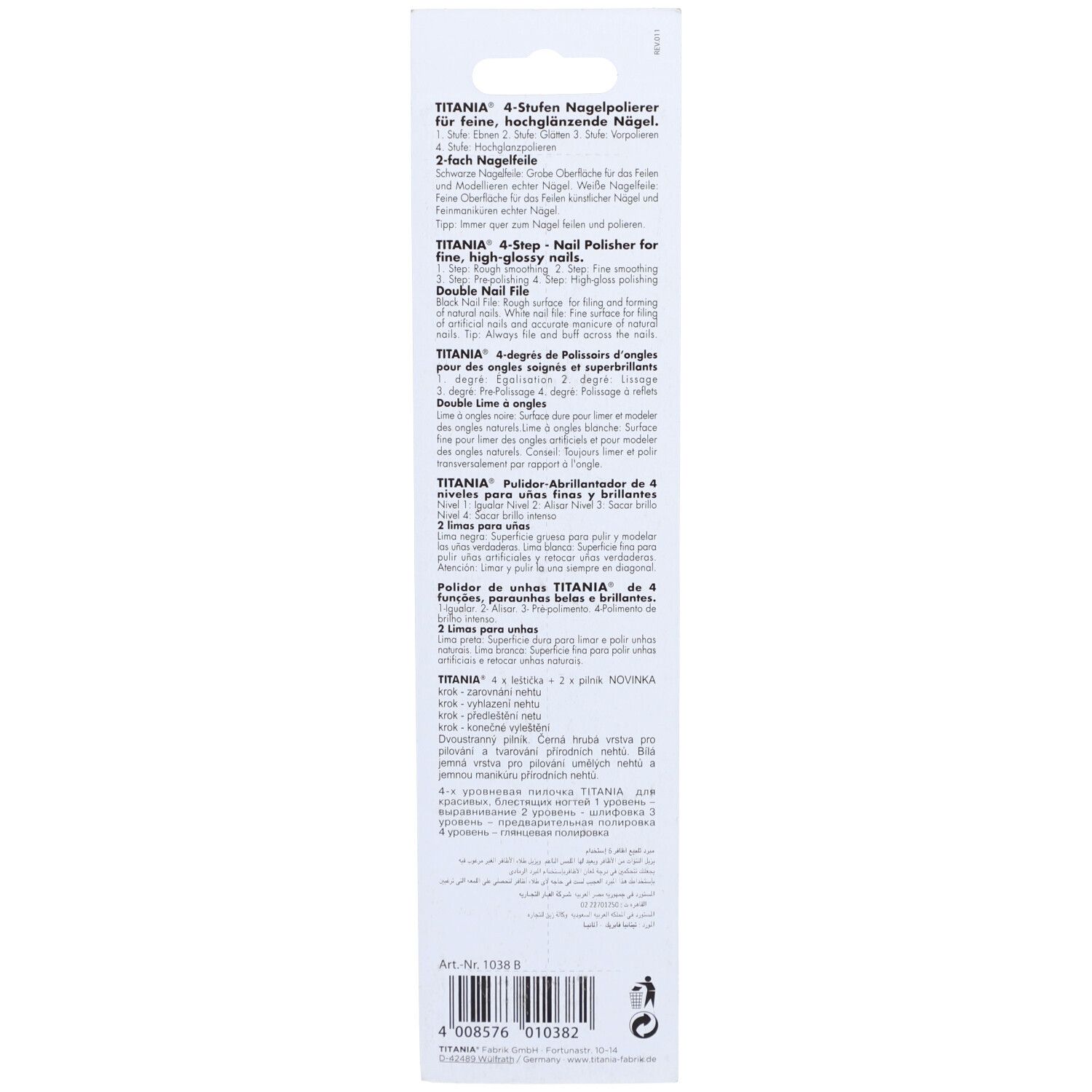 Dos de l'emballage du TITANIA® 4-Stufen Nagelpolierer. Texte: TITANIA 4-Step-Nagelpolierer pour ongles fins et brillants.
