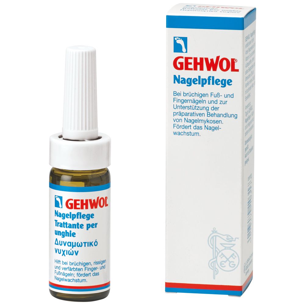 Flacon et emballage GEHWOL Nagelpflege. Flacon en verre brun avec applicateur blanc. Emballage bleu et blanc.