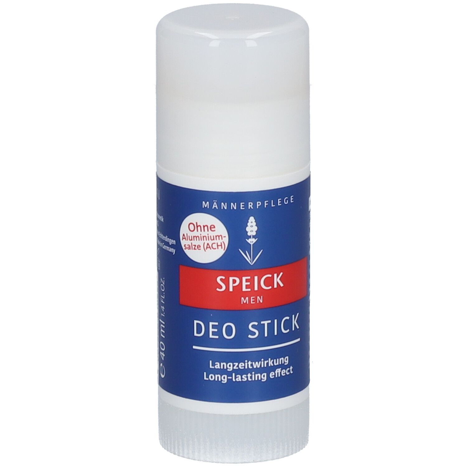 Stick déodorant avec bouchon blanc et emballage bleu. Bande rouge avec SPEICK et DEO STICK. Sans sels d'aluminium.