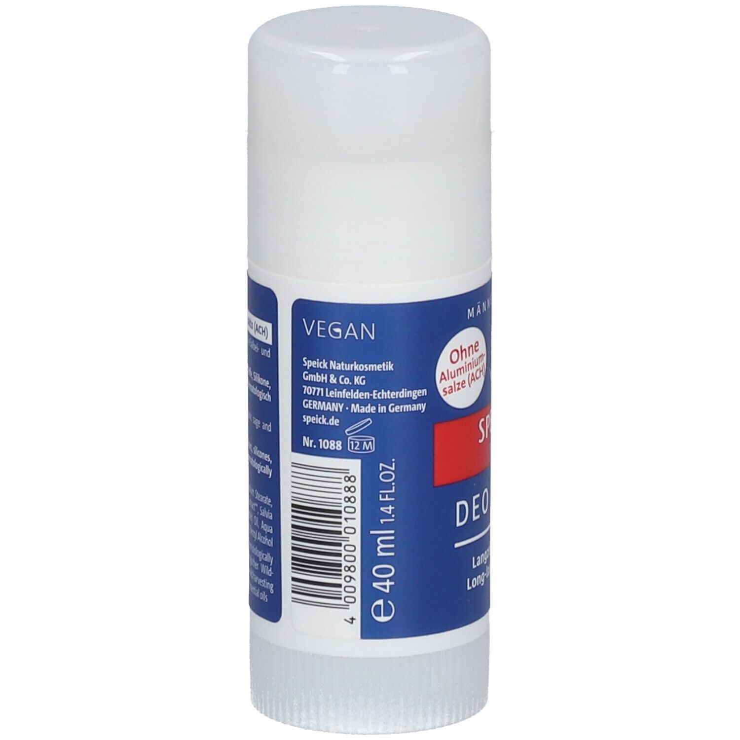Stick déodorant avec bouchon blanc. Emballage bleu avec texte et code-barres. Vegan. 40 ml. Sans sels d'aluminium.