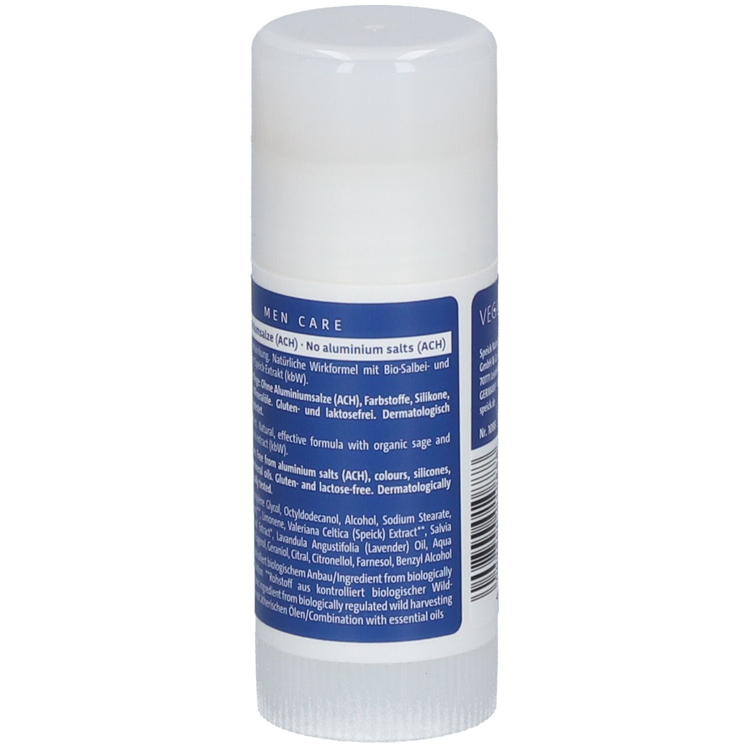 Stick déodorant avec bouchon blanc. Emballage bleu avec texte. Men Care. Sans sels d'aluminium. Ingrédients.