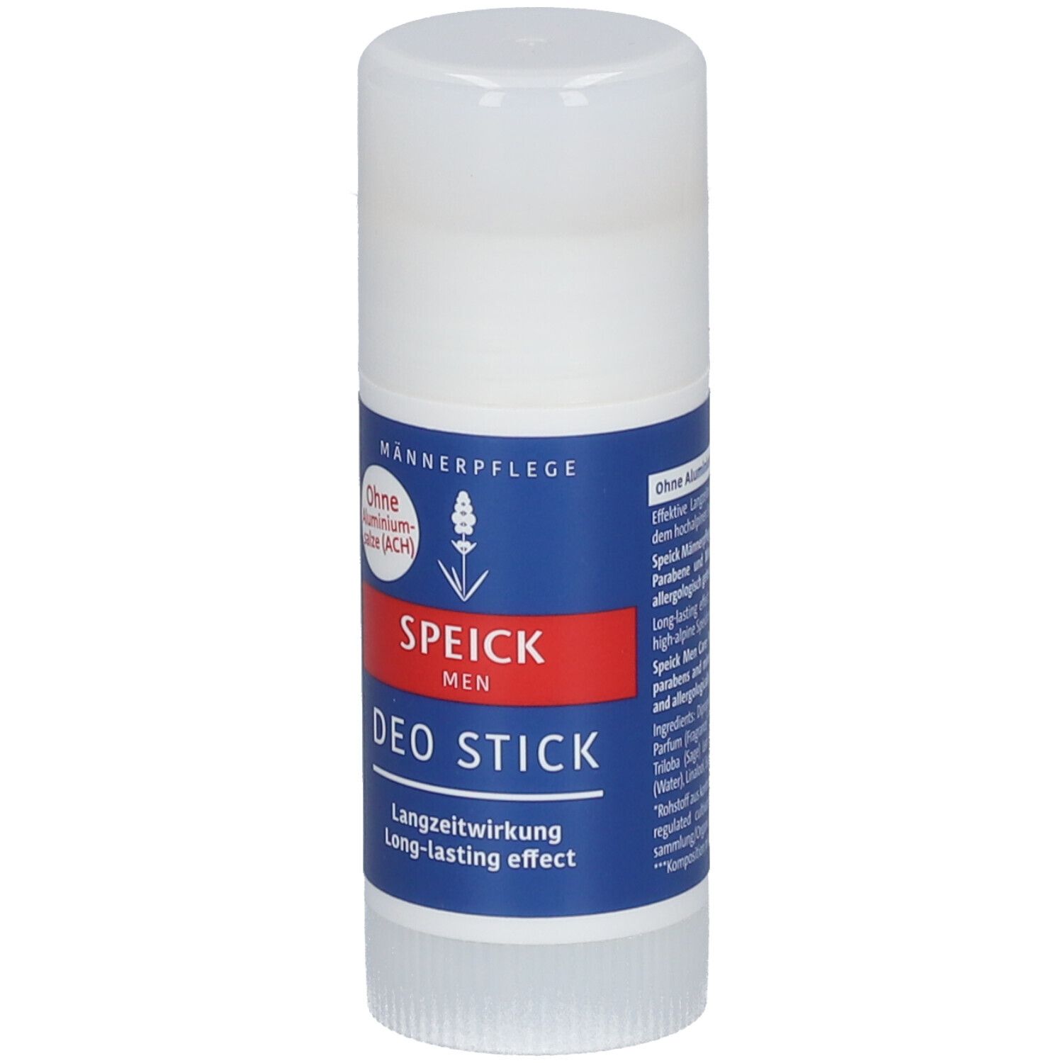 Stick déodorant avec bouchon blanc et emballage bleu. Bande rouge avec SPEICK et DEO STICK. Sans sels d'aluminium.