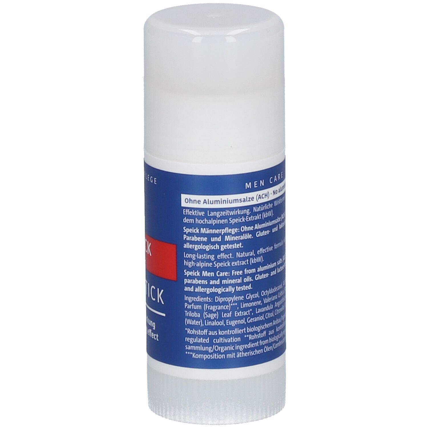 Stick déodorant avec bouchon blanc. Emballage bleu avec texte. Men Care. Sans sels d'aluminium. Ingrédients.