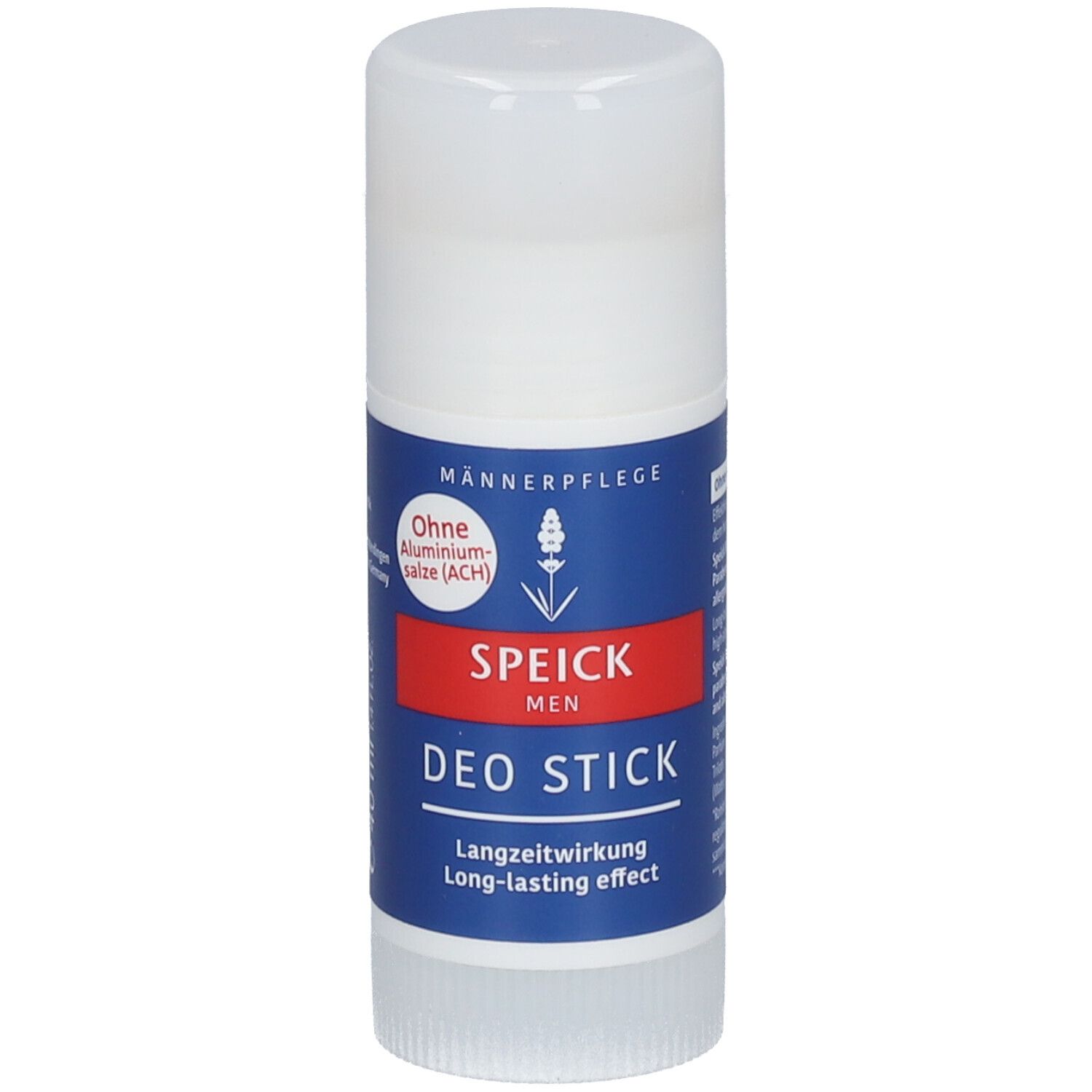 Stick déodorant avec bouchon blanc et emballage bleu. Bande rouge avec SPEICK et DEO STICK. Sans sels d'aluminium.