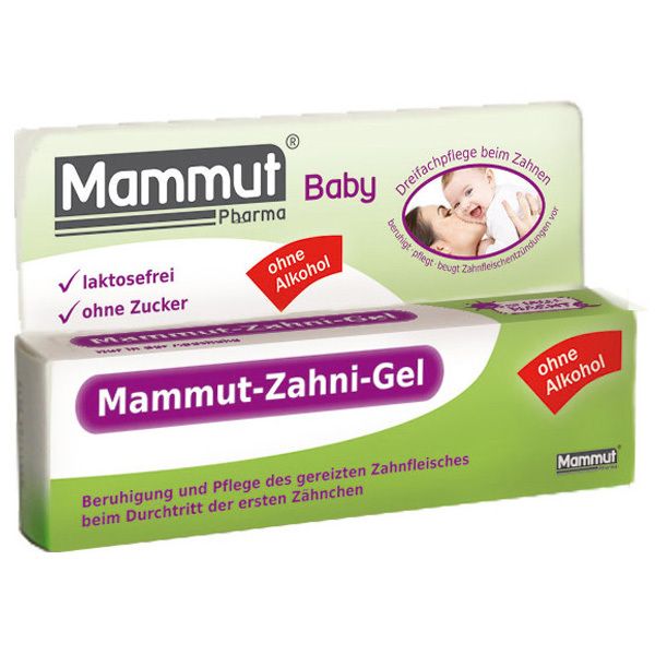 Verpakking van Mammut Baby Zahni-Gel. Groen-witte doos met productnaam en logo. Bevat informatie over ingrediënten.