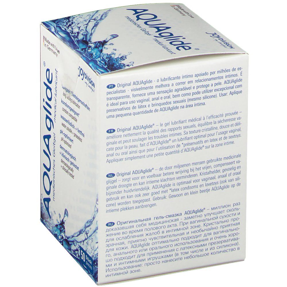 Emballage AQUAGLIDE gel lubrifiant avec texte.