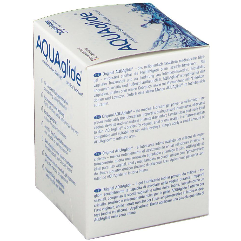 Emballage AQUAGLIDE gel lubrifiant, 50 pièces, avec texte.