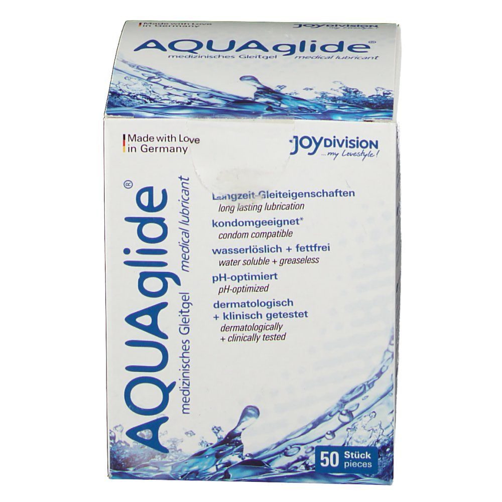 Emballage AQUAGLIDE gel lubrifiant, 50 pièces, design eau.