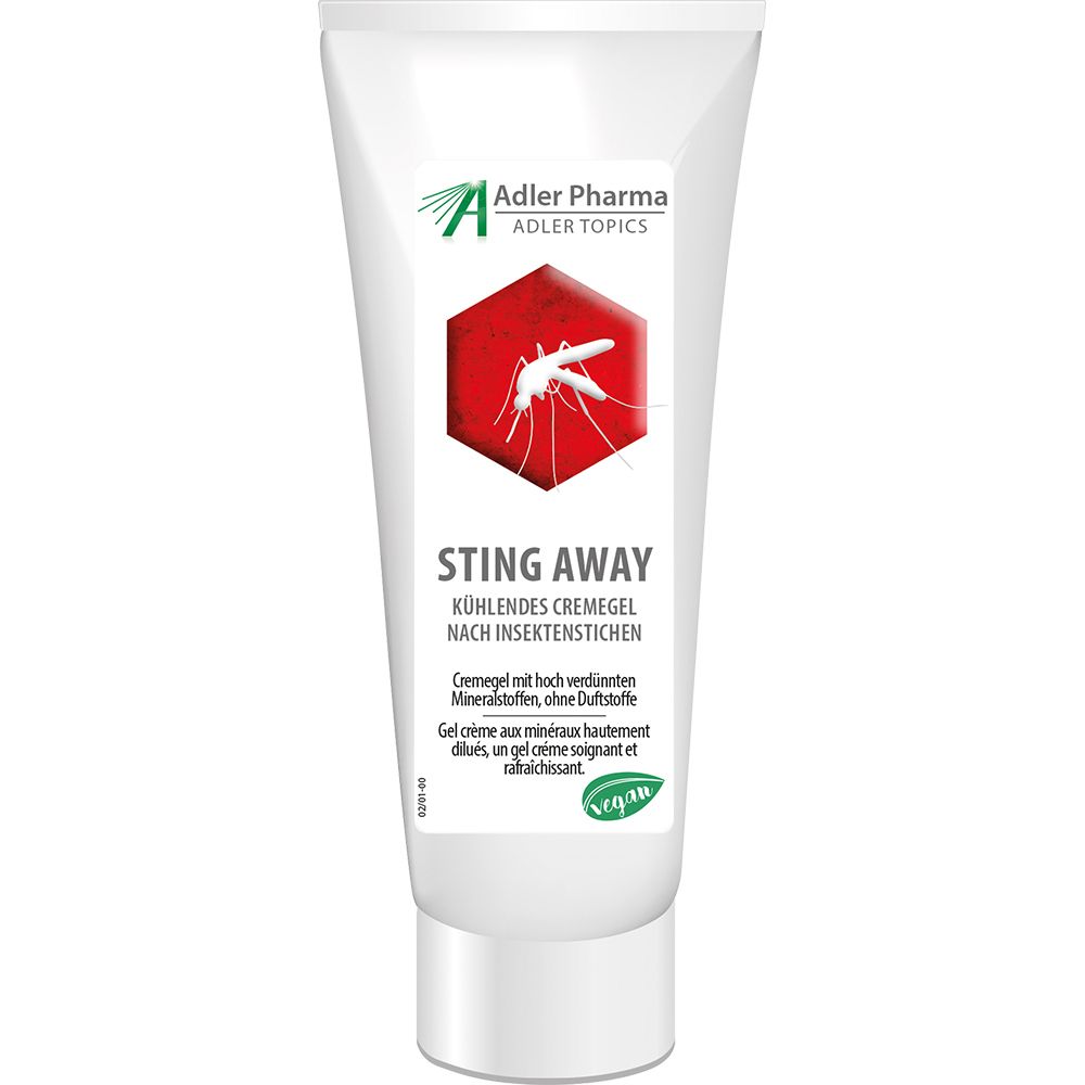 Witte tube met rode zeshoek en insect. Opschrift: STING AWAY. Vegan-zegel. Adler Pharma logo.