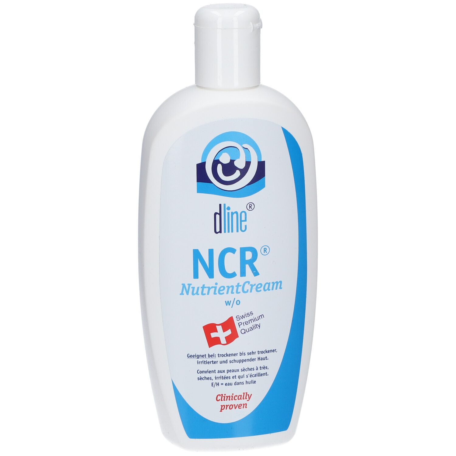 Flacon blanc avec logo bleu et texte. Contient NCR® NutrientCream. Croix suisse. Cliniquement prouvé.