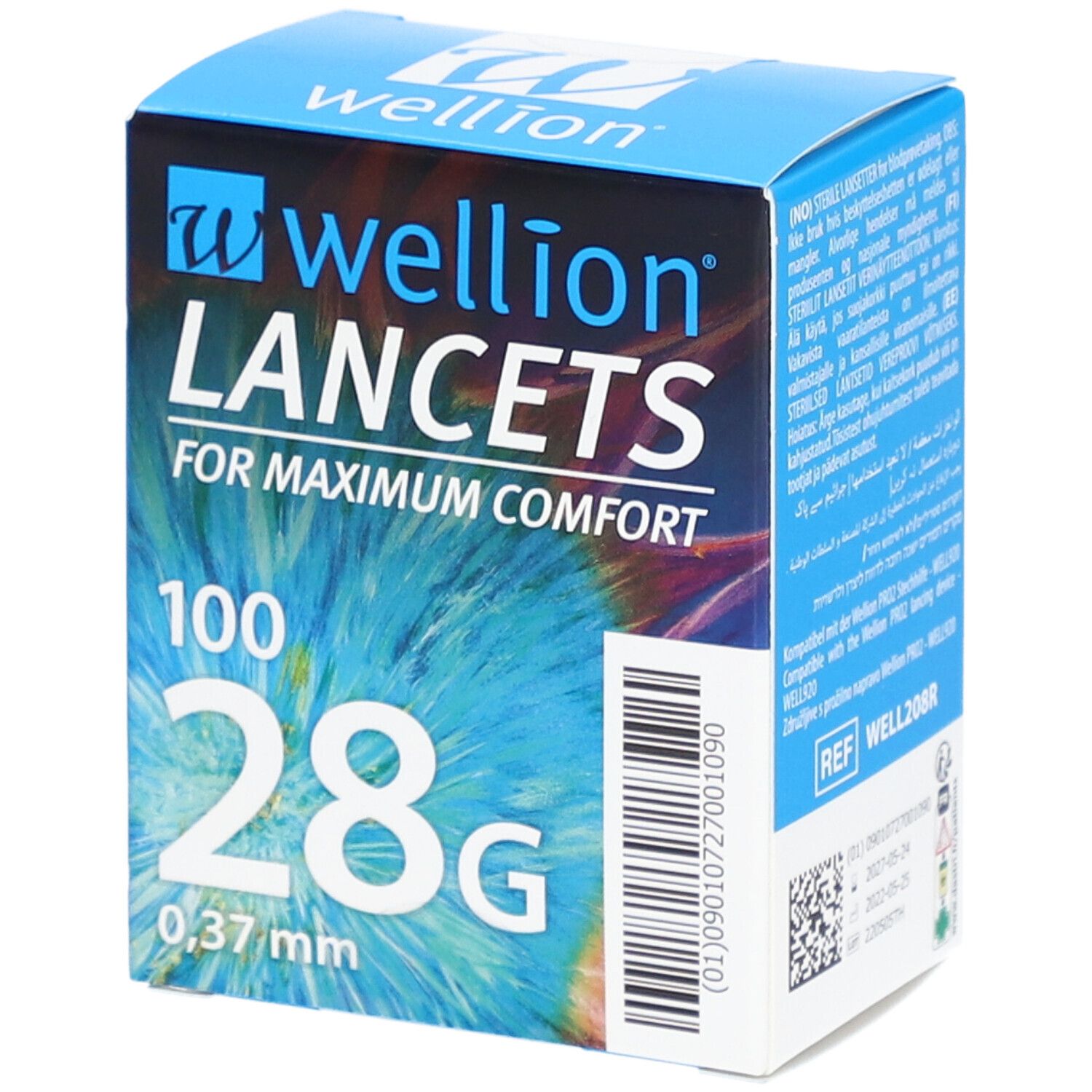 Blauwe en witte doos "Wellion Lancets". Bevat 100 lancetten, 28G, 0,37 mm. Tekst: "For Maximum Comfort".