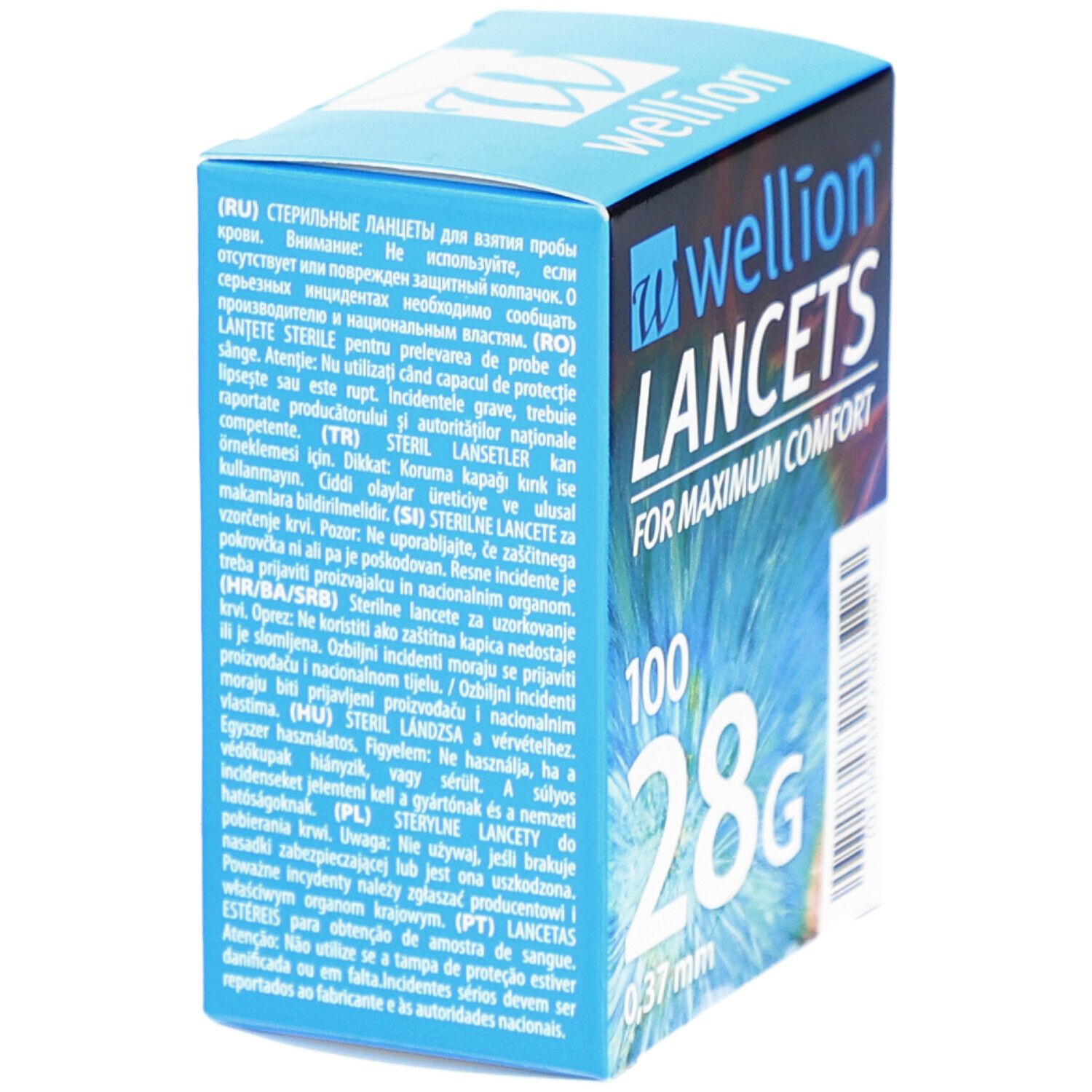 Blauwe doos "Wellion Lancets". Bevat 100 lancetten, 28G, 0,37 mm. Tekst: "For Maximum Comfort". Meertalige tekst.