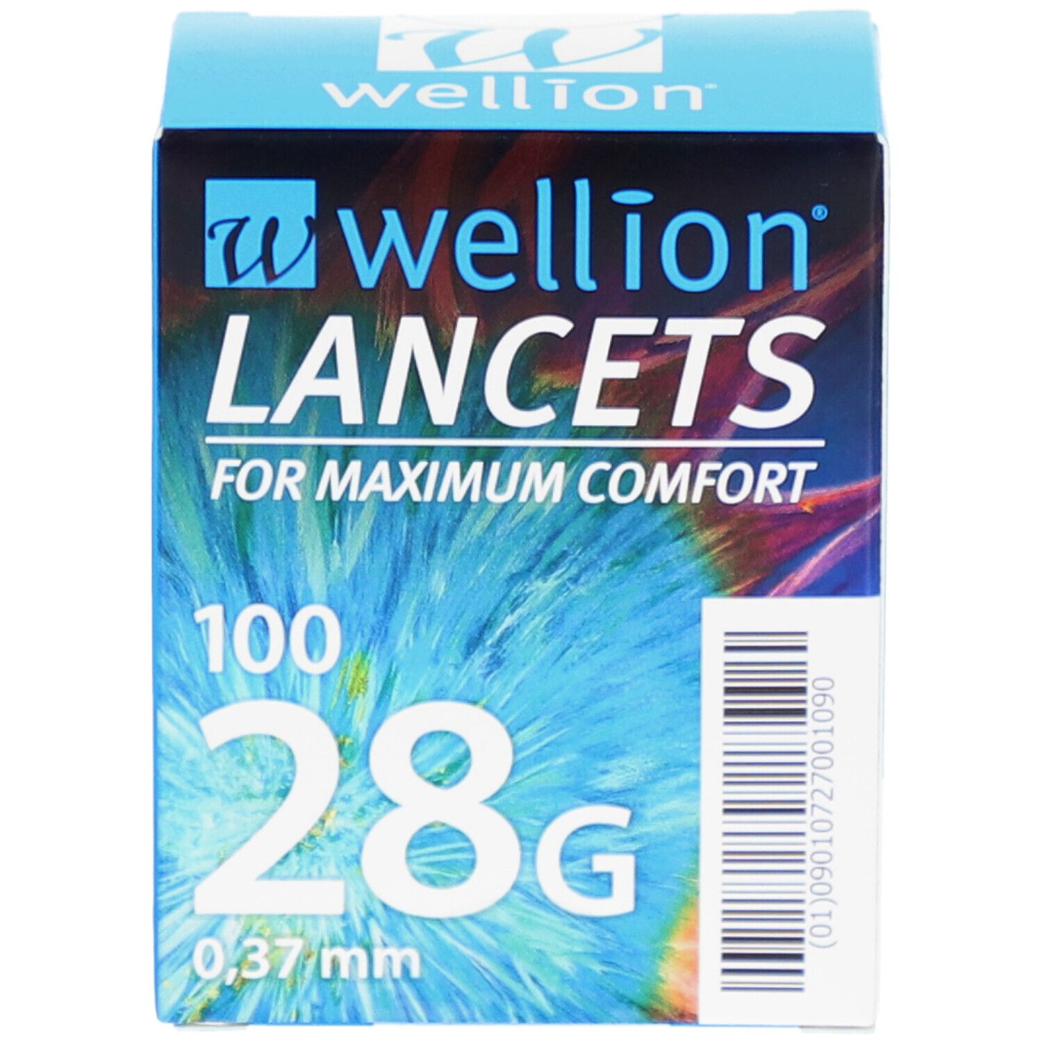 Blauwe doos "Wellion Lancets". Bevat 100 lancetten, 28G, 0,37 mm. Tekst: "For Maximum Comfort".