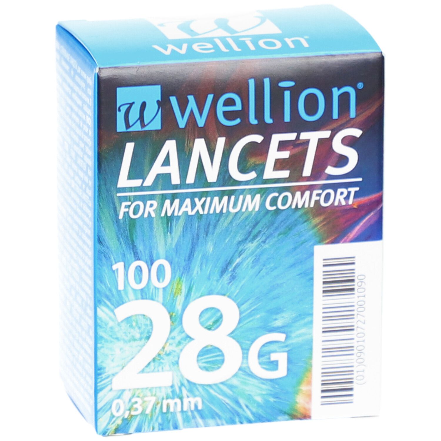 Blauwe doos "Wellion Lancets". Bevat 100 lancetten, 28G, 0,37 mm. Tekst: "For Maximum Comfort".