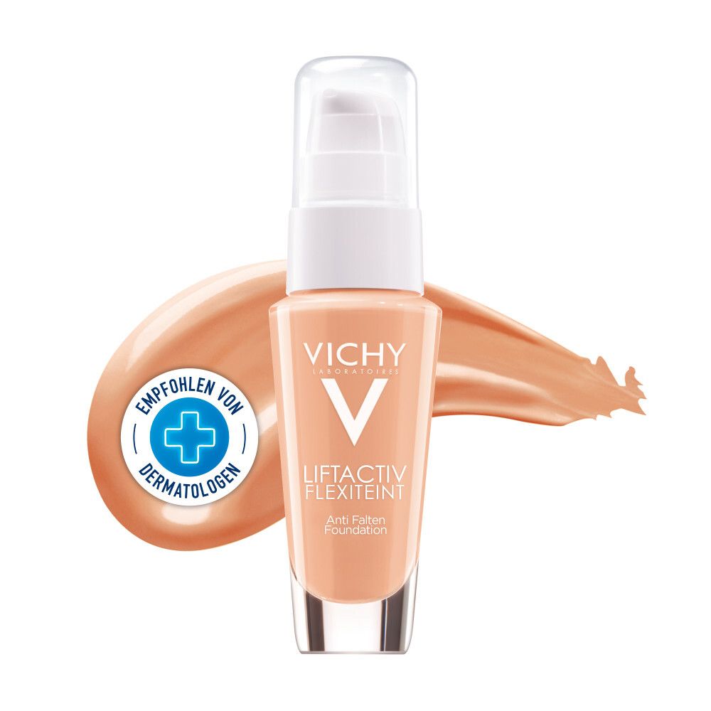 Vichy Liftactiv Flexiteint fond de teint anti-rides dans un flacon en verre avec pompe. Un échantillon crémeux est représenté à côté.