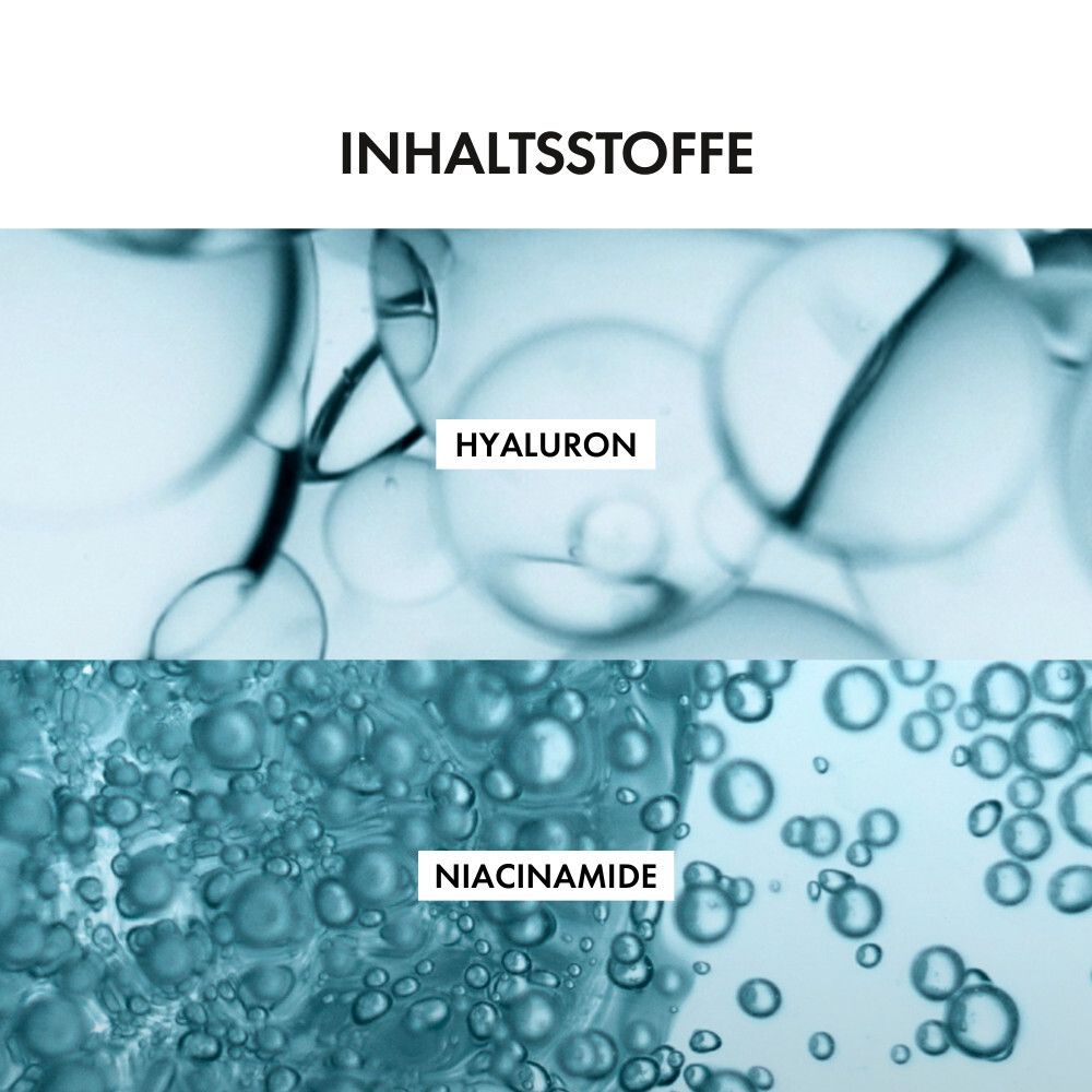 Image abstraite avec des bulles. En haut : Hyaluron. En bas : Niacinamide.
