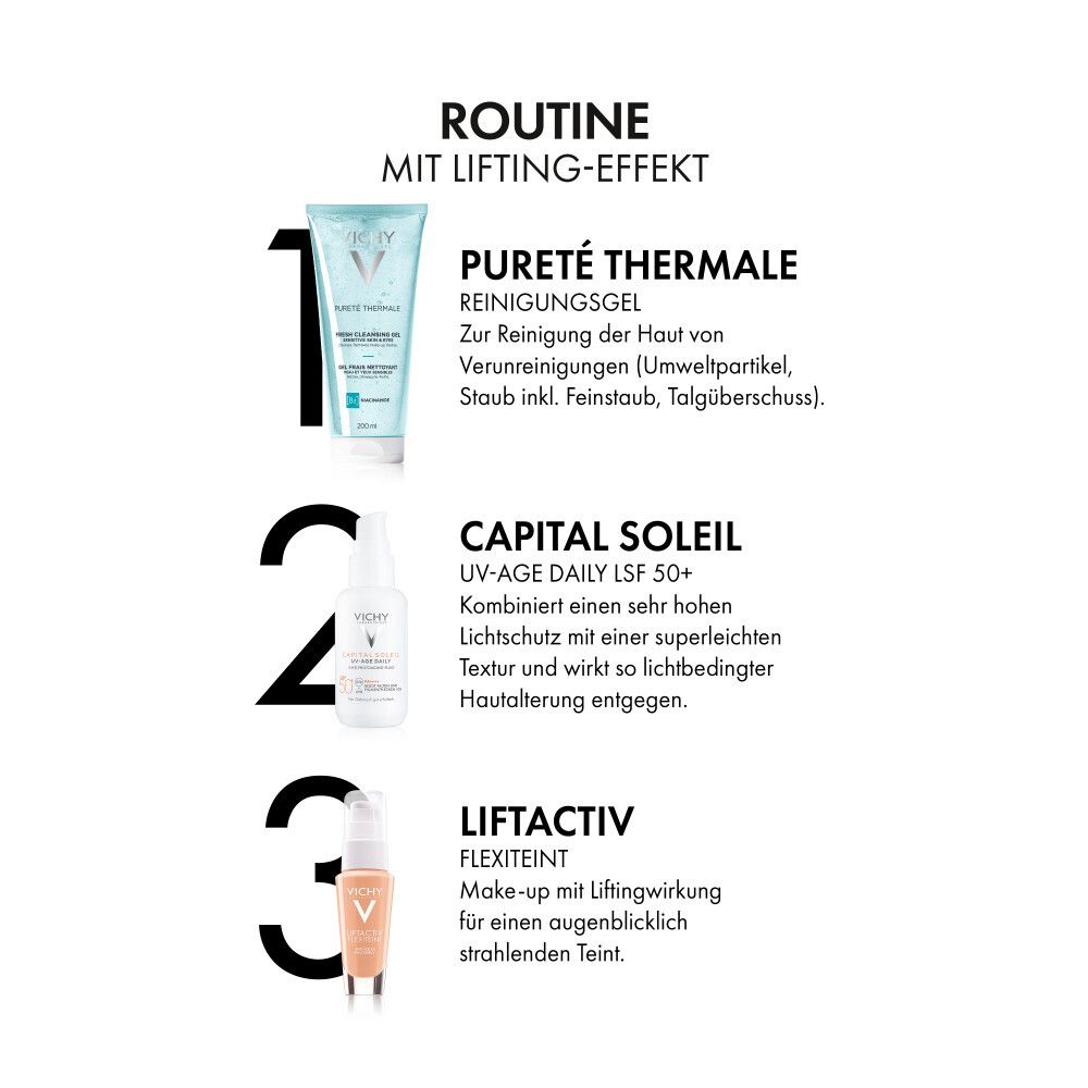 Vichy Pureté Thermale Gel nettoyant dans un tube bleu avec un bouchon blanc.
