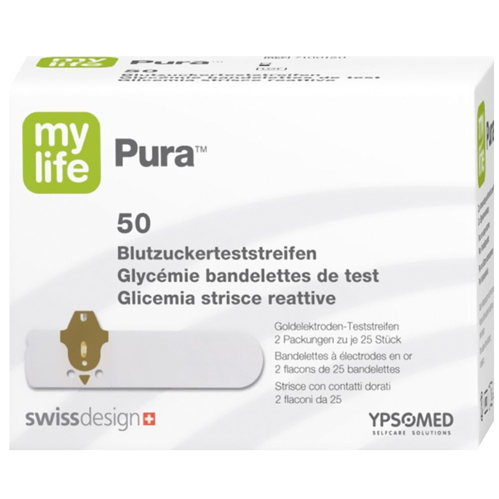 Verpakking met 50 my life Pura bloedglucose teststrips, gouden elektroden.