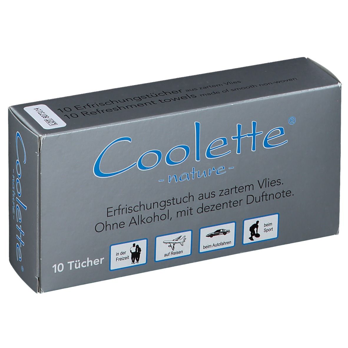 Grijze doos met "Coolete nature" logo. Bevat 10 verfrissende doekjes van vlies. Zonder alcohol, met subtiele geur. Iconen: vrije tijd, reizen, auto, sport.
