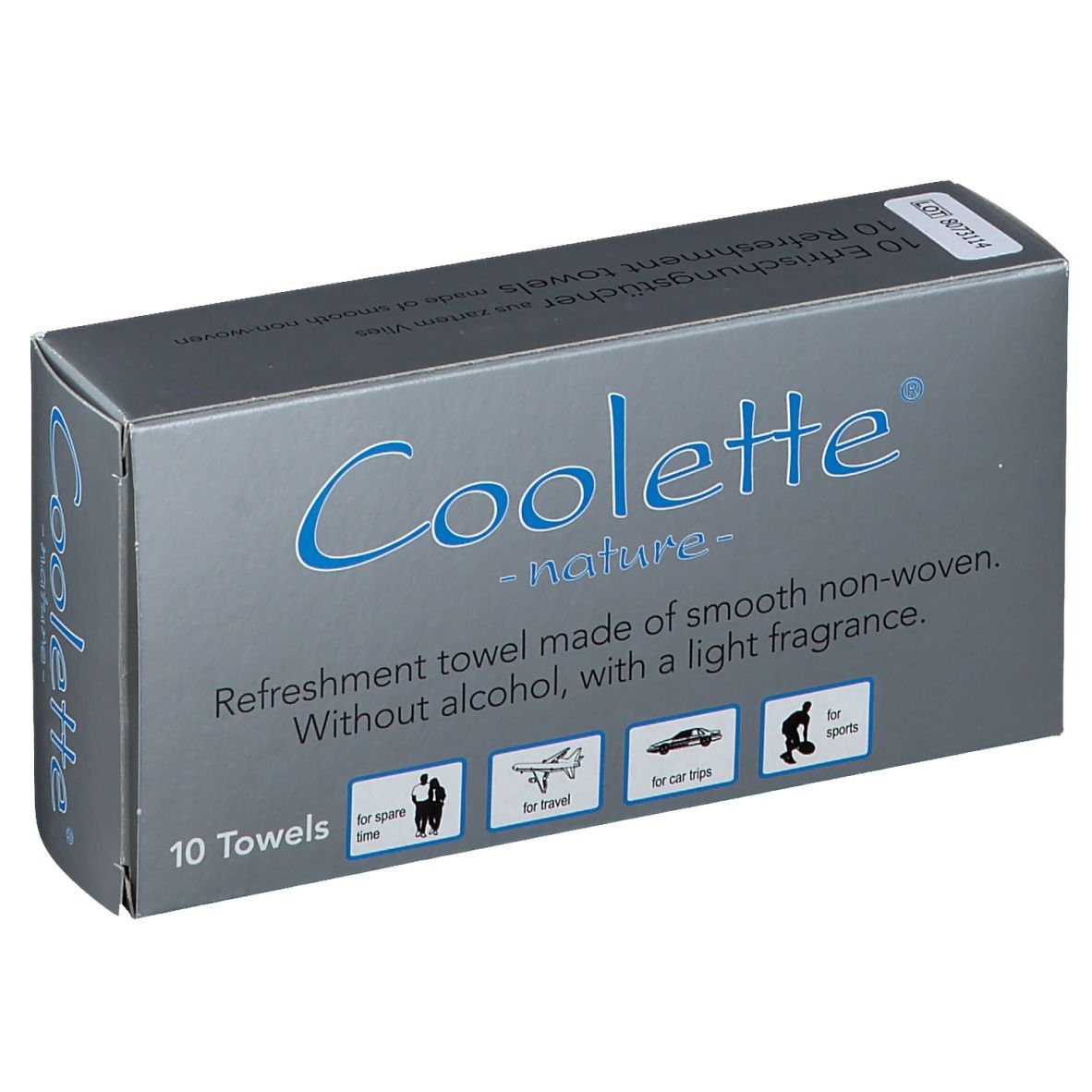 Grijze doos met "Coolete nature" logo. Bevat 10 verfrissende doekjes. Tekst: Zonder alcohol, met lichte geur. Iconen: vrije tijd, reizen, auto, sport.