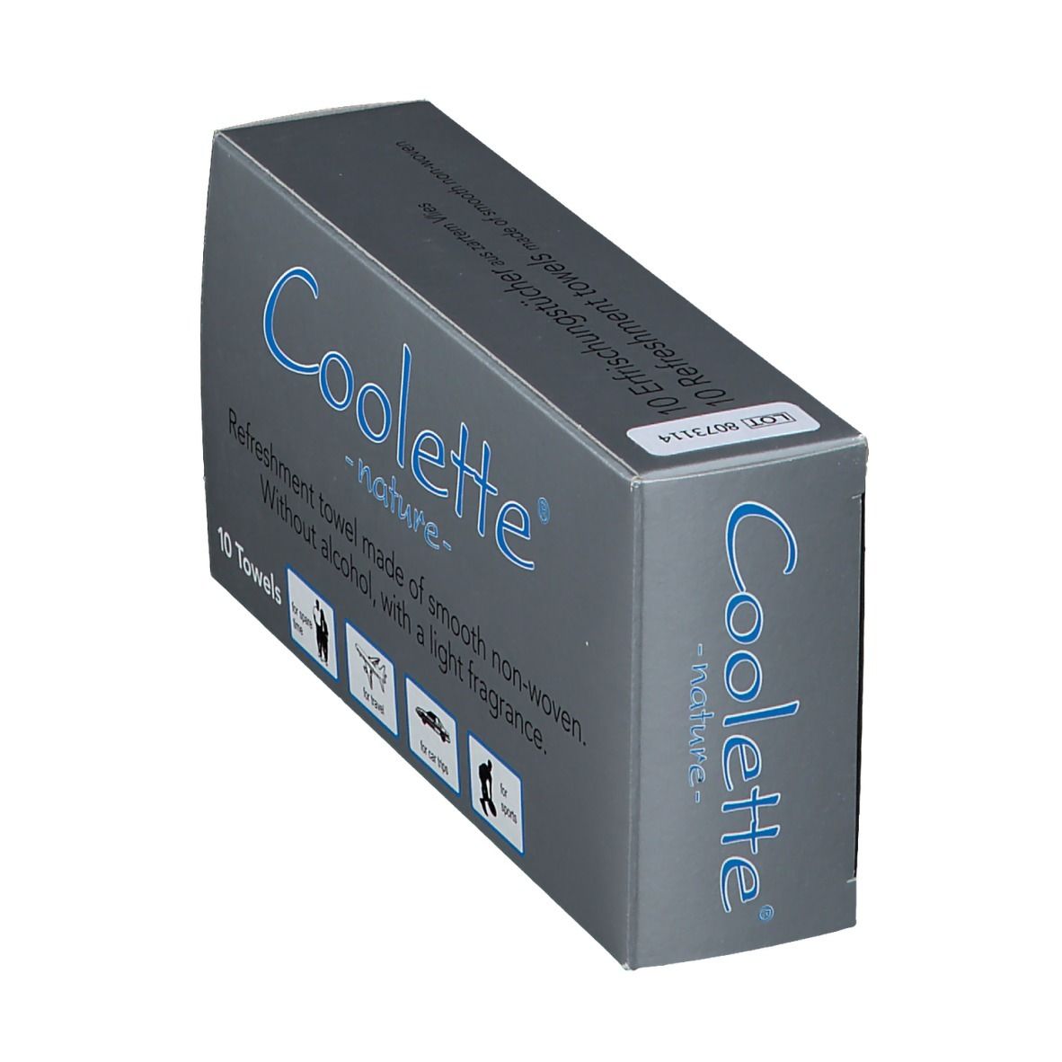 Grijze doos met "Coolete nature" logo. Bevat 10 verfrissende doekjes. Tekst en iconen: vrije tijd, reizen, auto, sport. Schuine weergave.