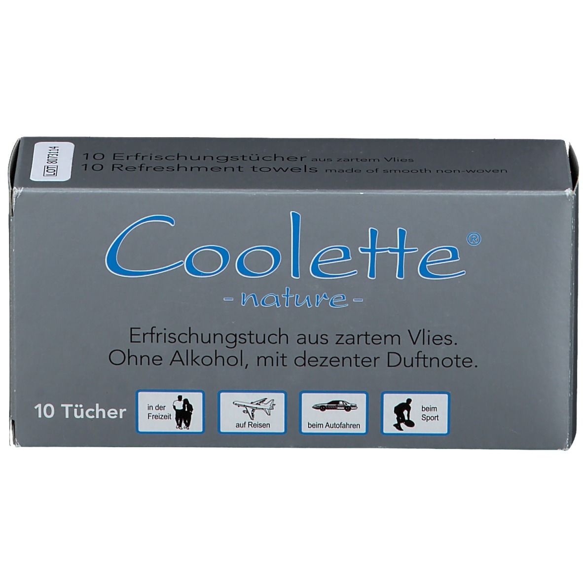 Grijze doos met "Coolete nature" logo. Bevat 10 verfrissende doekjes van vlies. Zonder alcohol, met subtiele geur. Iconen: vrije tijd, reizen, auto, sport.