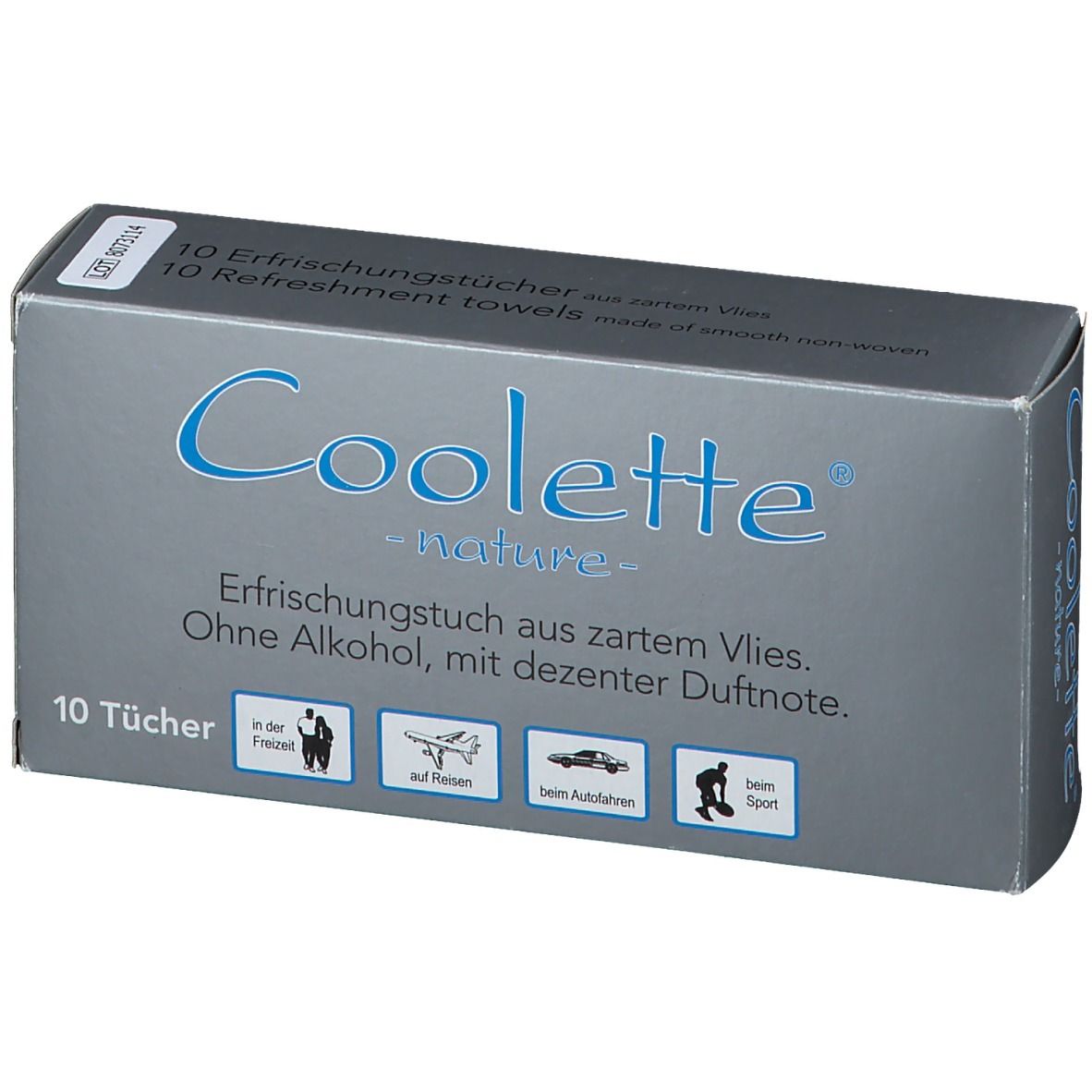 Grijze doos met "Coolete nature" logo. Bevat 10 verfrissende doekjes van vlies. Zonder alcohol, met subtiele geur. Iconen: vrije tijd, reizen, auto, sport.