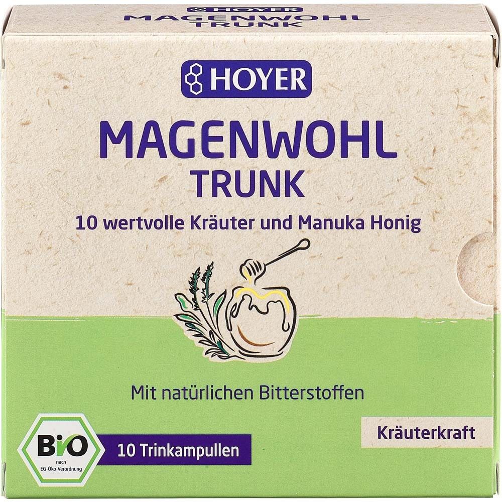 HOYER Magenwohl-Trunk. Boîte avec image du produit et texte. Contient 10 ampoules buvables. Label bio.