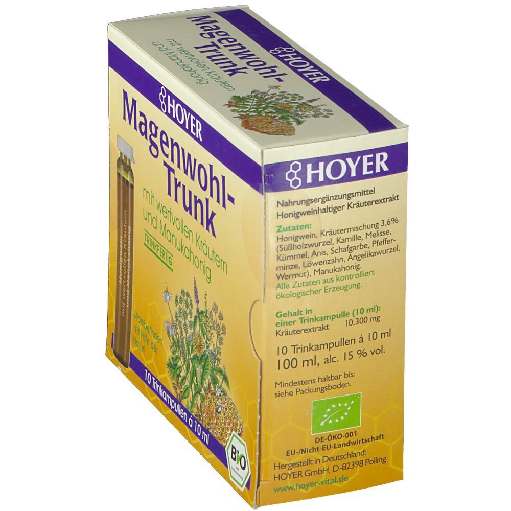 HOYER Magenwohl-Trunk. Boîte avec informations sur le produit. Contient 10 ampoules buvables. Label bio. 100 ml, 15% vol.