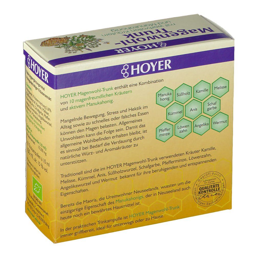 HOYER Magenwohl-Trunk. Boîte avec informations sur le produit. Contient des herbes. Sceau de contrôle qualité.