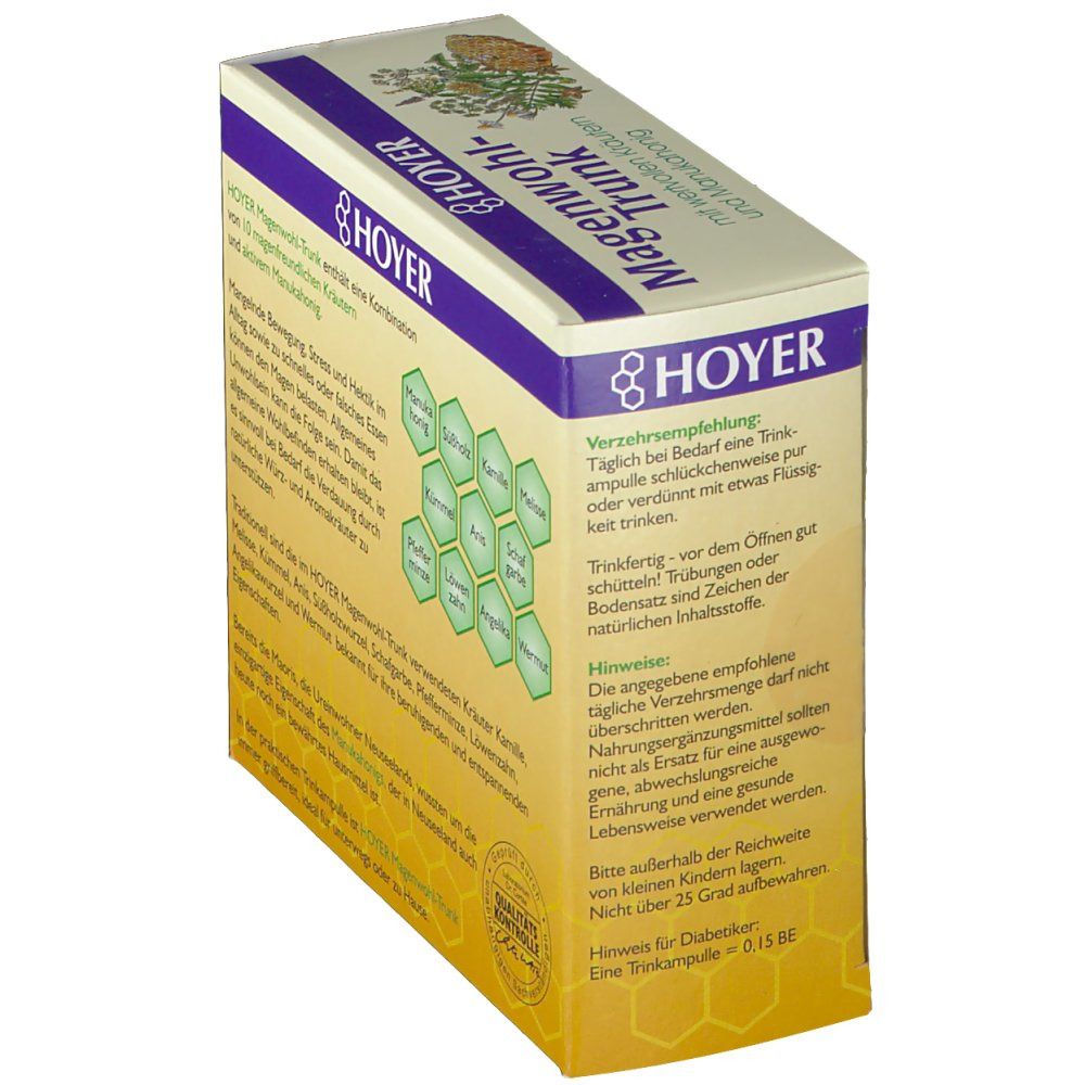 HOYER Magenwohl-Trunk. Boîte avec recommandation de consommation. Contient 10 ampoules buvables. Sceau de contrôle qualité.