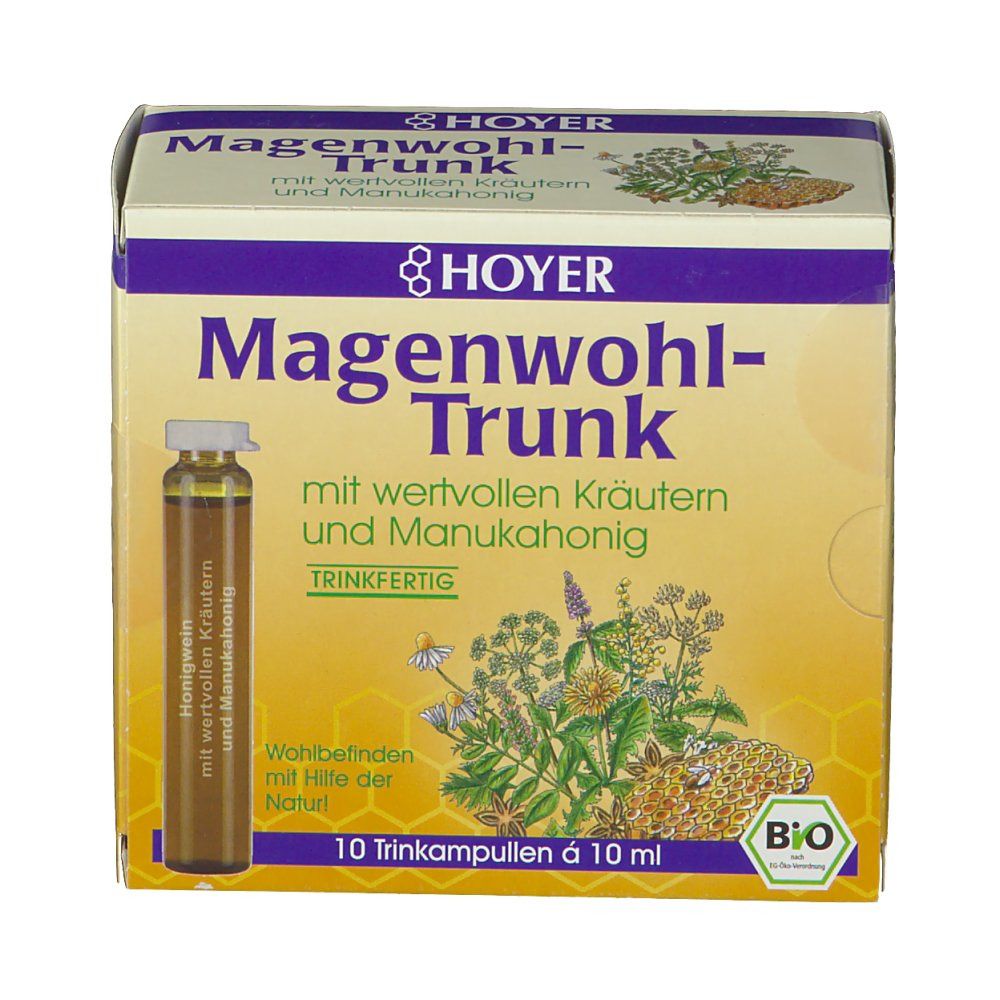 HOYER Magenwohl-Trunk. Boîte avec image du produit et texte. Contient 10 ampoules buvables. Label bio.