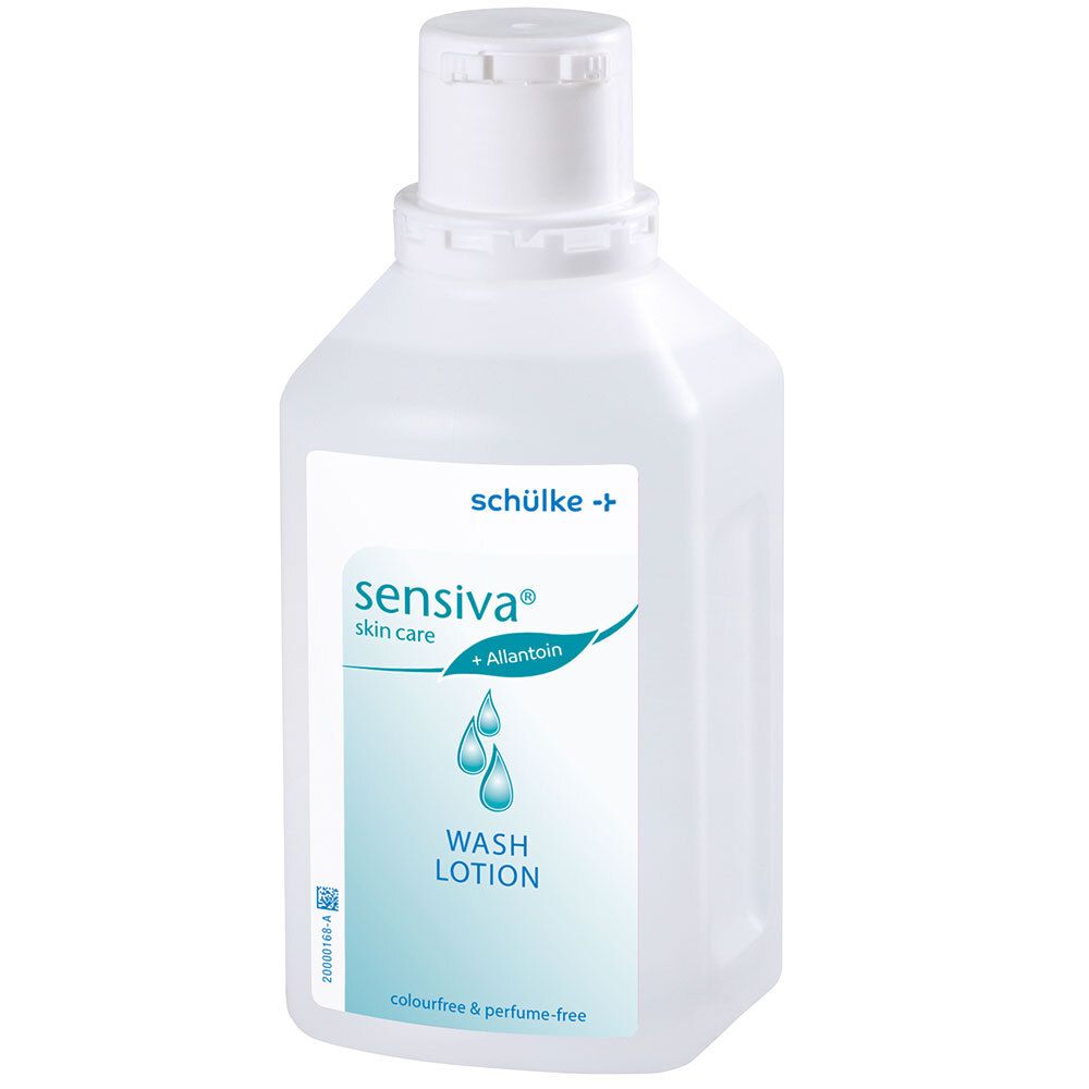 Sensiva Waschlotion fles. Witte dop, etiket met productnaam en druppelsymbool. Kleur- en parfumvrij.