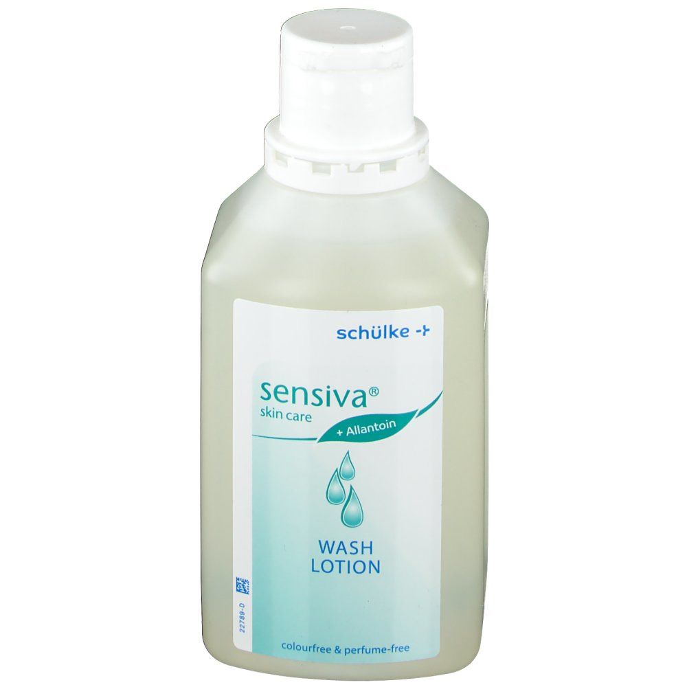 Sensiva Waschlotion fles. Witte dop, etiket met productnaam en druppelsymbool. Kleur- en parfumvrij.