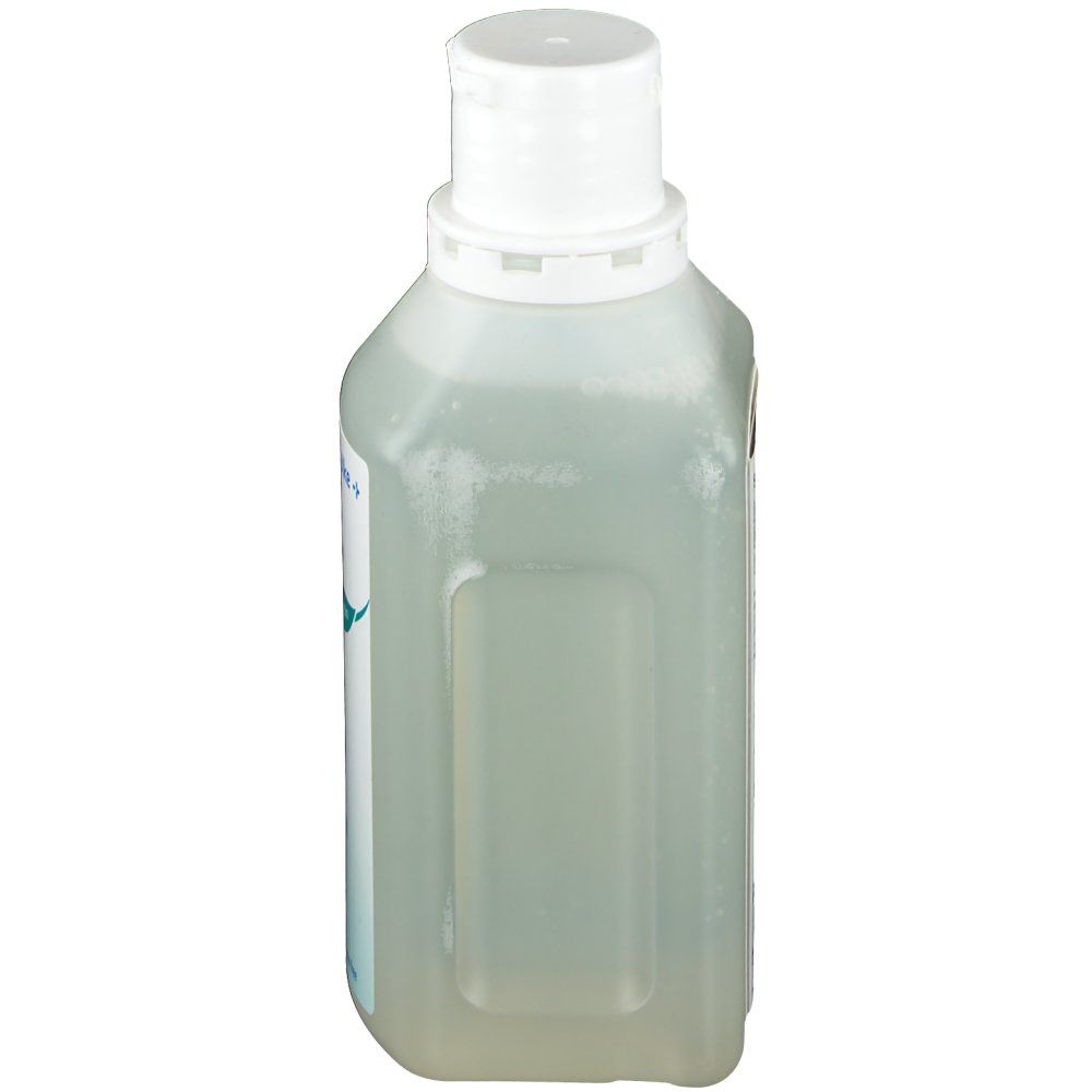 Sensiva Waschlotion fles, zijaanzicht. Witte dop, doorschijnend flesmateriaal. Etiket met productinformatie.