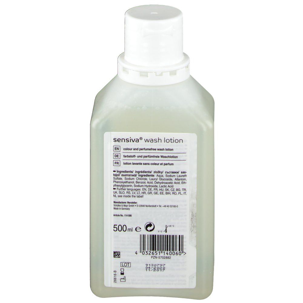 Sensiva Waschlotion fles, achterkant. Etiket met ingrediënten, fabrikantinfo en volume: 500ml.