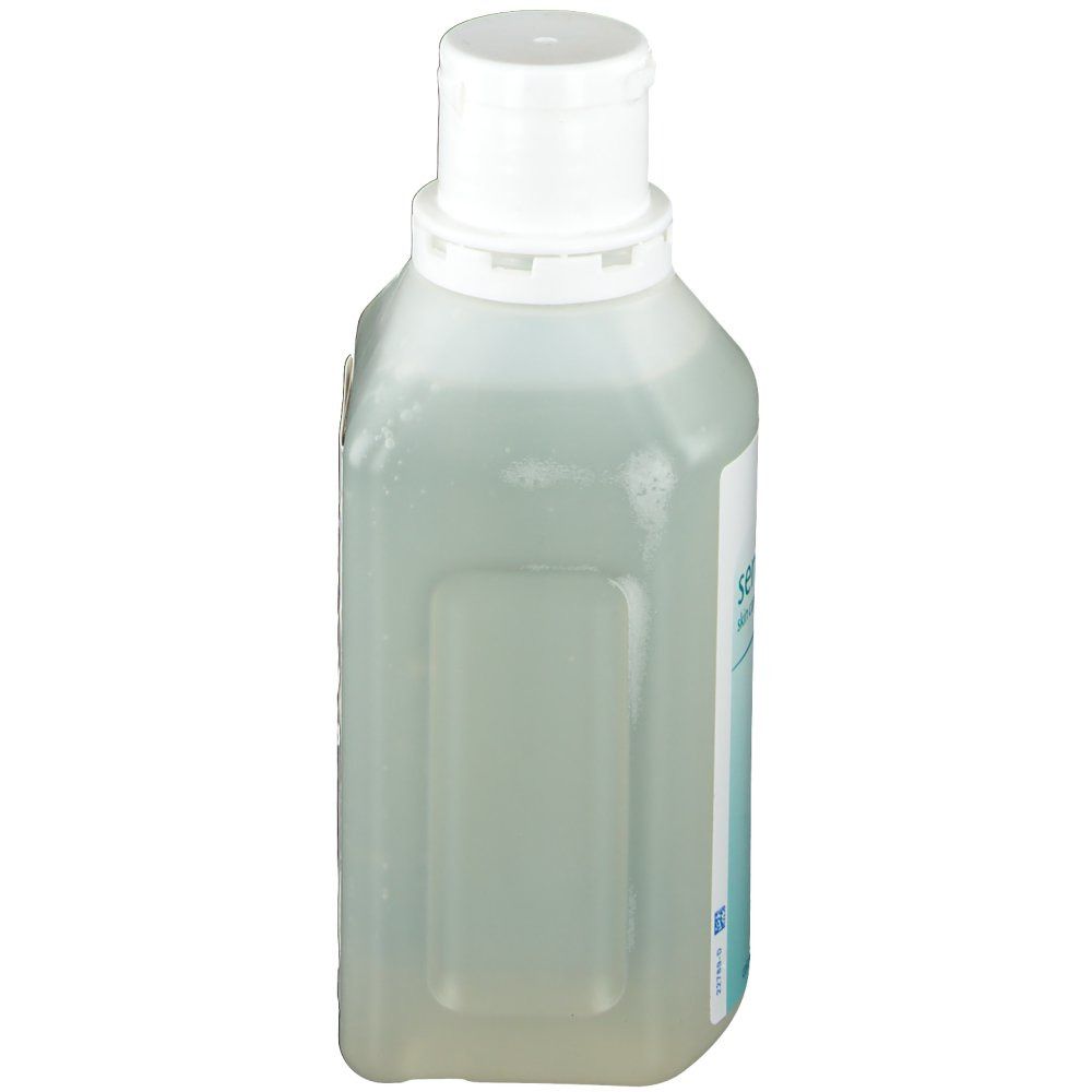 Sensiva Waschlotion fles, zijaanzicht. Witte dop, doorschijnend flesmateriaal. Etiket met productinformatie.