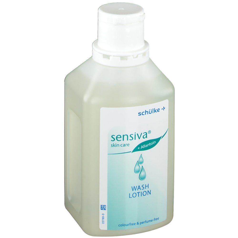 Sensiva Waschlotion fles. Witte dop, etiket met productnaam en druppelsymbool. Kleur- en parfumvrij.