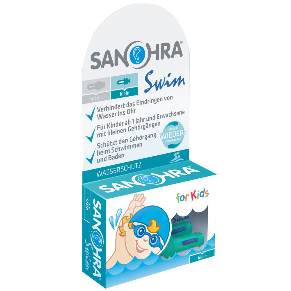 Verpakking van Sanohra Swim for Kids. Turquoise en witte doos met oordopjes. Afbeelding: kind in water, productnaam.