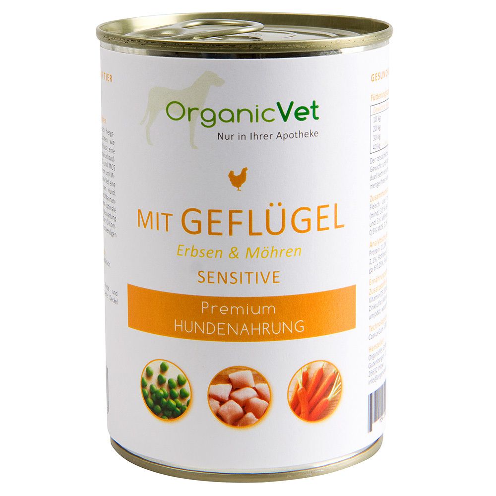 Boîte de nourriture pour chiens avec volaille, pois et carottes. Logo OrganicVet. Inscription : Sensitive Premium Hundenahrung.
