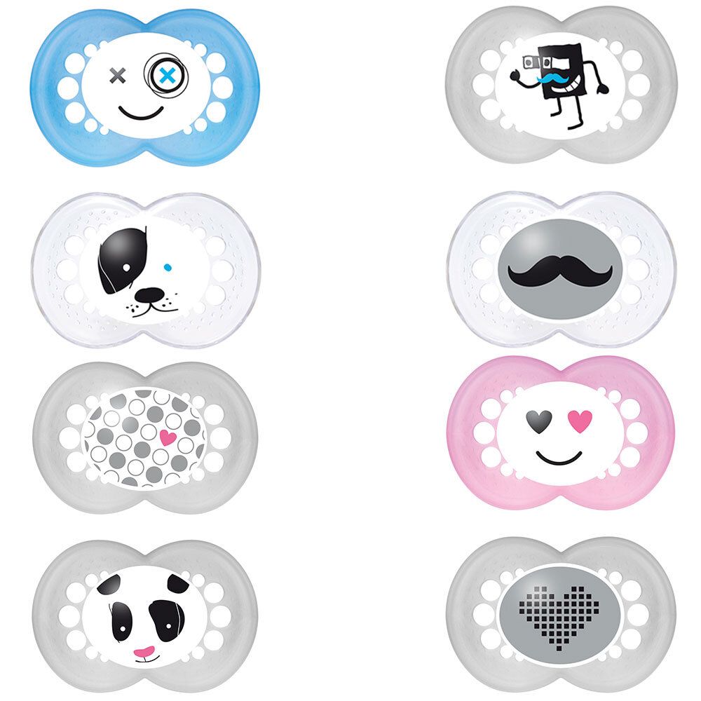 Verschillende fopspenen met verschillende motieven. Ronde vorm, siliconen. Kleuren: blauw, grijs, roze. Motieven: smiley, camera, hond, snor, hart.