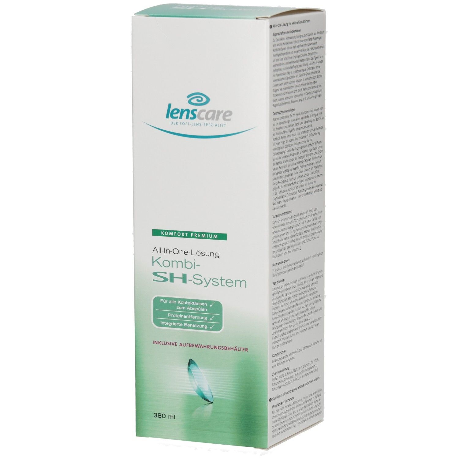 Witte fles met Lenscare-logo en productnaam. All-in-One-oplossing voor contactlenzen. Bevat 360 ml.