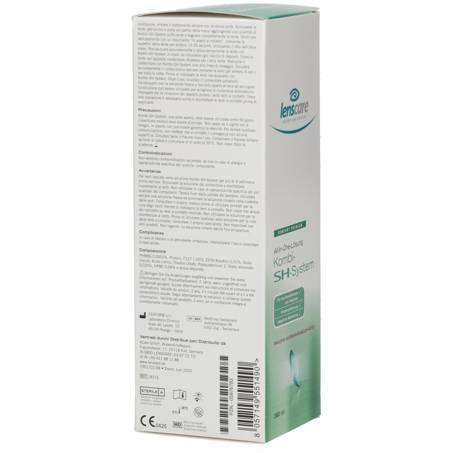 Productverpakking van karton. Bevat informatie en tekst in het Duits. Lenscare Kombi-SH-System.