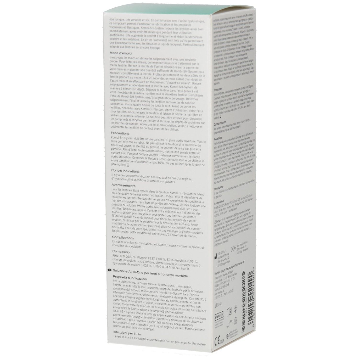 Witte fles met productinformatie. Lenscare Kombi-SH-System. Tekst in het Duits. 360 ml.