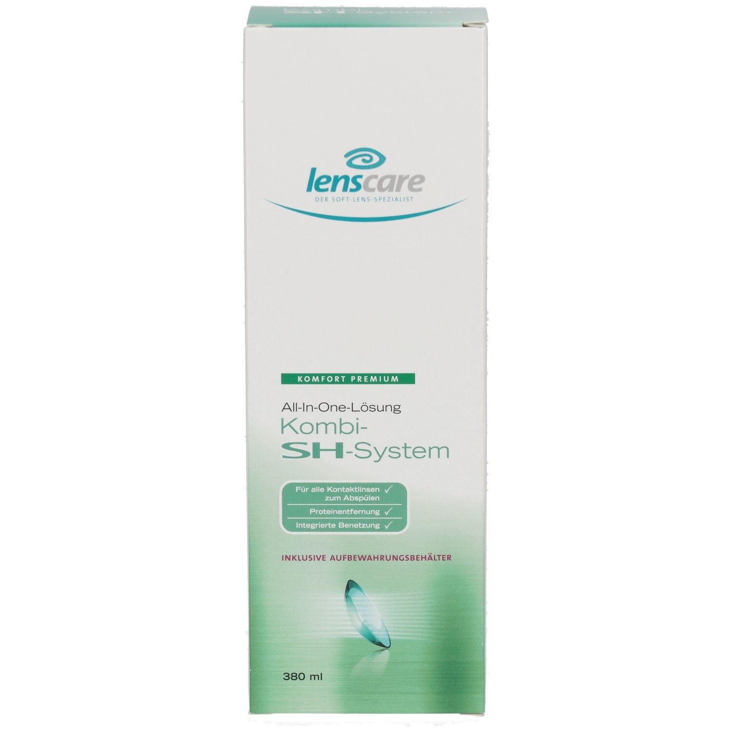 Kartonnen verpakking met Lenscare-logo en productnaam. Kombi-SH-System. Bevat 360 ml. Inclusief opbergdoosje.