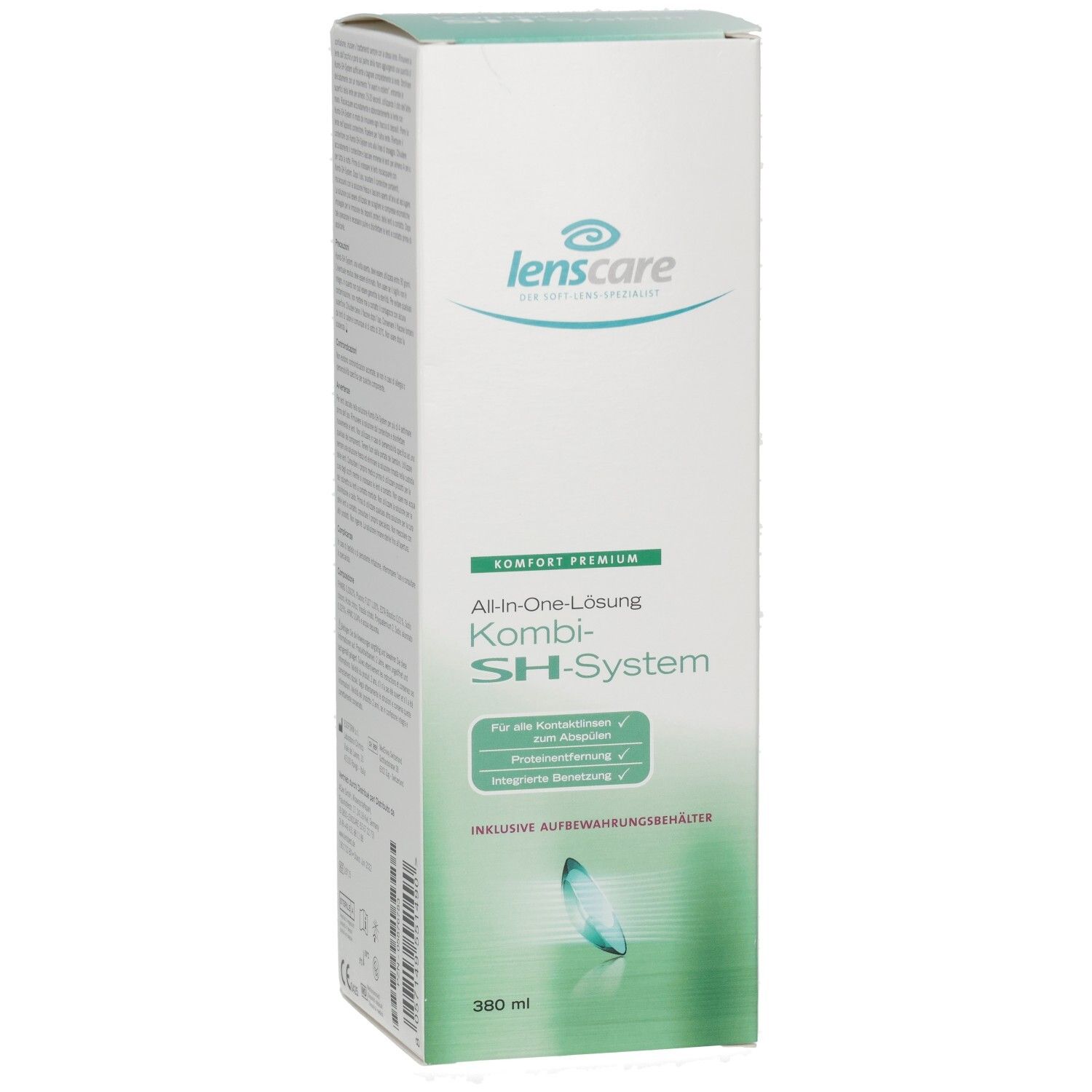 Kartonnen verpakking met Lenscare-logo en productnaam. Kombi-SH-System. Bevat 360 ml. Inclusief opbergdoosje.