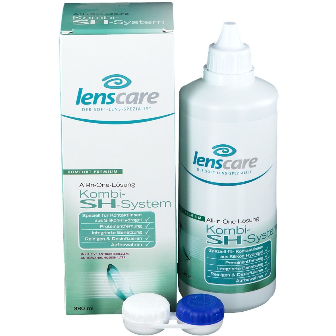 Fles en verpakking van Lenscare Kombi-SH-System. Bevat opbergdoosje voor contactlenzen. 360 ml.