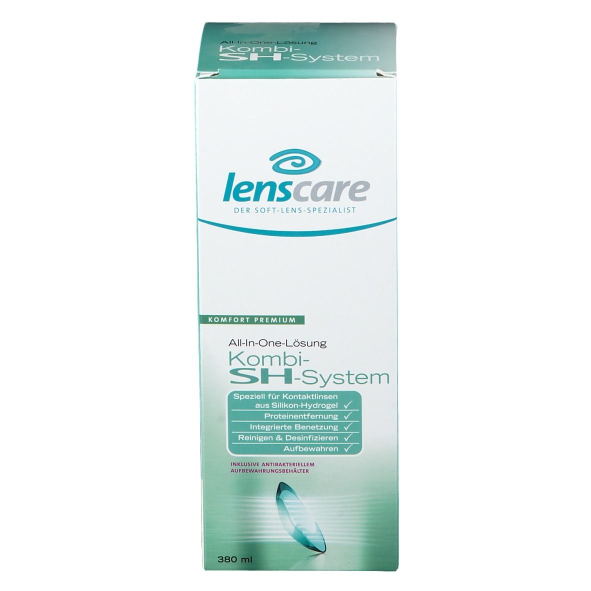 Kartonnen verpakking met Lenscare-logo en productnaam. Kombi-SH-System. Bevat 360 ml. Inclusief opbergdoosje.
